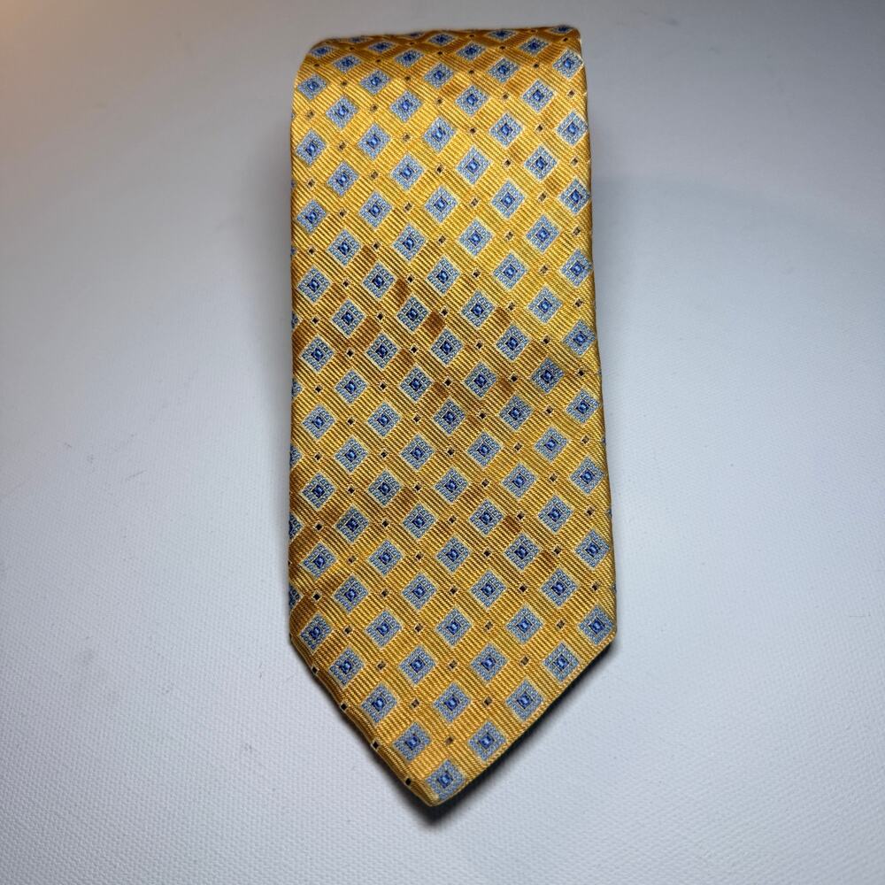 Brooks Brothers Makers & Merchants Silk Tie Gold Blue Geometric Diamond Necktie